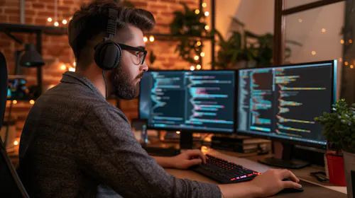 Man learning coding skills